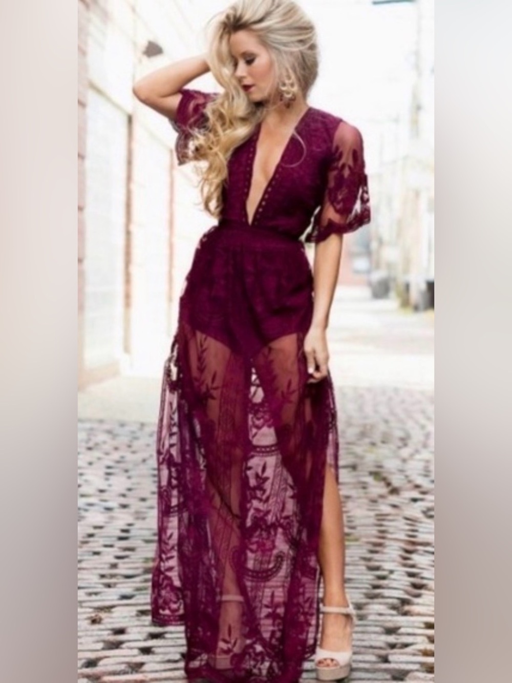 Honey Punch Sheer Overlay Lace Deep V Maxi Dress/Romper in Burgundy Size Small